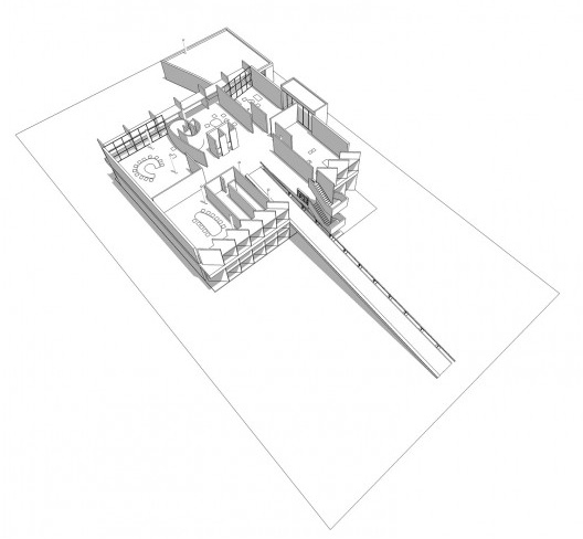 Associação da Indústria Têxtil, vista axonométrica do primeiro pavimento, Ahmedabad, Gujarat, Índia, 1954. Arquiteto Le Corbusier