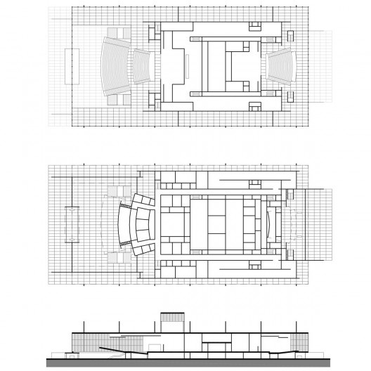 Plantas baixas e corte esquemático, Teatro Nacional, Mannheim, 1952-1953, L. Mies van der Rohe