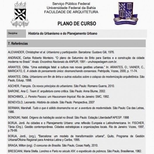 Início da bibliografia da disciplina de graduação “História do Urbanismo e do Planejamento Urbano” na FAU UFBA