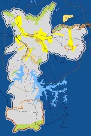 Plano Diretor Estratégico: operação urbana: localização das operações urbanas em São Paulo: vigentes (ocre) propostas no PDE 2002 (amarela)