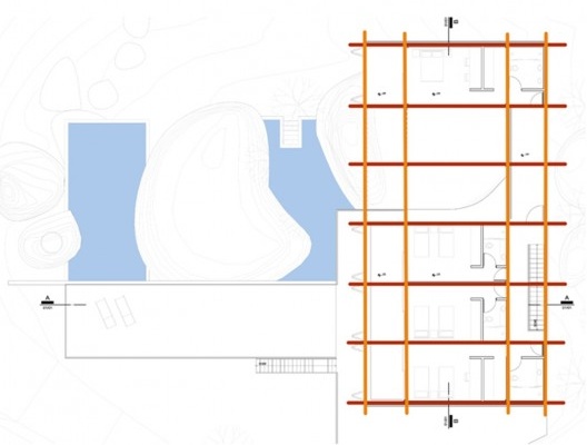 Casa Ilhabela, correspondência entre modulação da planta do volume inferior da casa e modulação estrutural, Nitsche Arquitetos, 2008