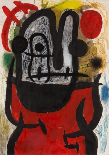 Joan Miró, Mulher e pássaro na frente do sol, 1968, Guache, giz de cera, pincel e nanquim sobre papel, 98cm x 70cm