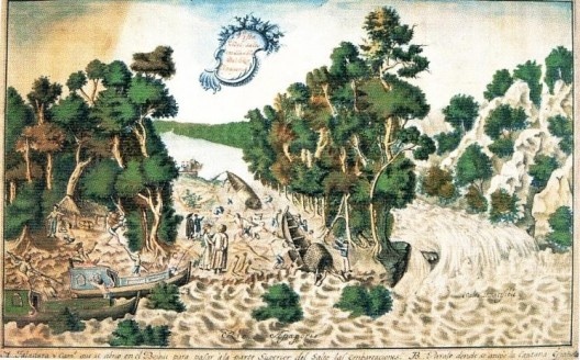 Vista Del Salto invadeable del Rio Apaporis. Tajadura y camino que se abrió en el bosque para pasar a la parte superior del salto las embarcaciones. B. Paraje donde se anegó la Capitania española