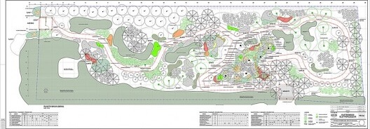 Vila Residencial de Mambucaba, plano geral do parque, vendo-se o acesso na extremidade superior esquerda e o mirante no canto inferior direito, Paraty RJ. Paisagismo de Eduardo Barra