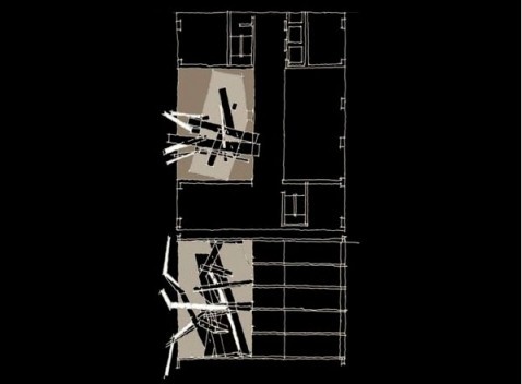 Anteprojeto para um Pavilhão Tecnológico, a ser construído como parte de um edifício multi-uso projetado por Steven Holl Architects em Chengdu, China. Lebbeus Woods em colaboração com Christoph A. Kumpusch, 2007