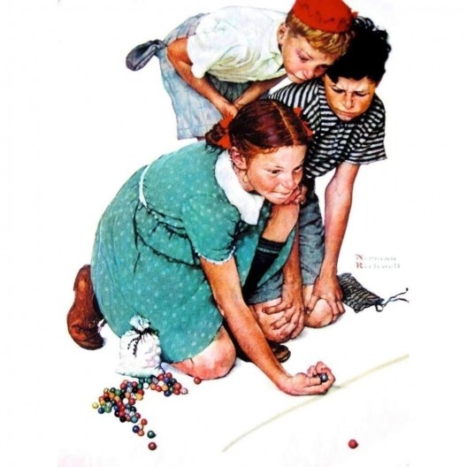 Crianças jogando bola de gude, pintura de Norman Rockwell, 1939