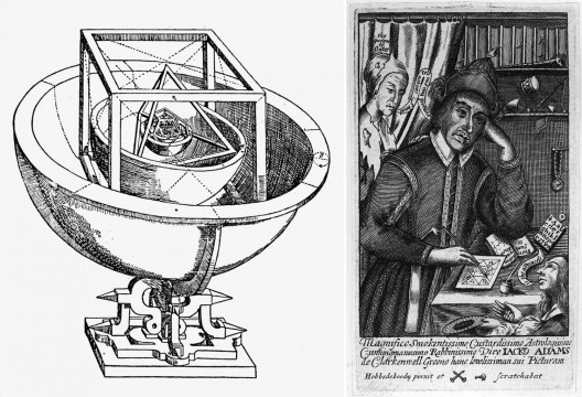 À esquerda, modelo de Johannes Kepler, publicado em seu Mysterium Cosmographicum, 1596