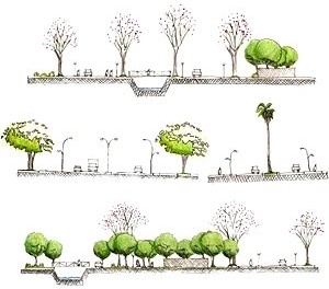 Cortes do sistema viário: via 1 – via de ligação entre parques projetada; via 2 – via de acesso externo; via 3 – via de ligação entre parques; via 4 – via parque