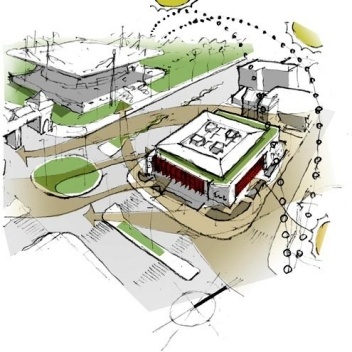 Mercado Público, Blumenau SC Brasil, 2008, croqui de análise bioclimática: trajetória solar verão-inverno; ventos predominantes nordeste/ leste/ sudoeste, menção honrosa Concurso Sustentabilidade em Edificações Públicas. Estudantes Marcelo André Carraro,