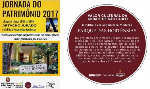 Cartaz Jornada do Patrimônio, texto arte e foto por Léa Corrêa Pinto; à direita, Selo Valor Cultural da Cidade de São Paulo ao Edifício Parque das Hortênsias outorgado pela SMC/DPH/Conpresp