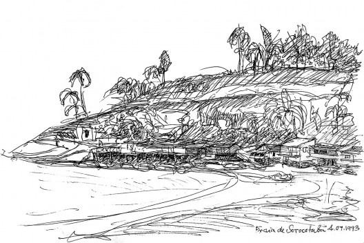 Praia de Sorocotuba, com uma vila clandestina, muito bonita, sobre os rochedos da belíssima praia, Guarujá, 1993