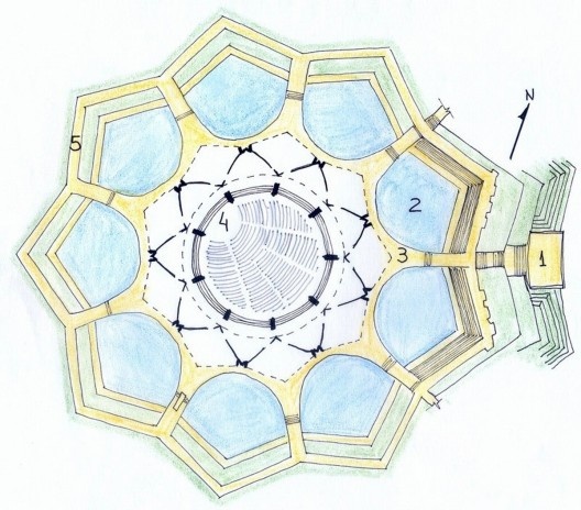 Planta do templo. (1) patamar de entrada, (2) lâmina de água, (3) pontes de acesso e (4) nave