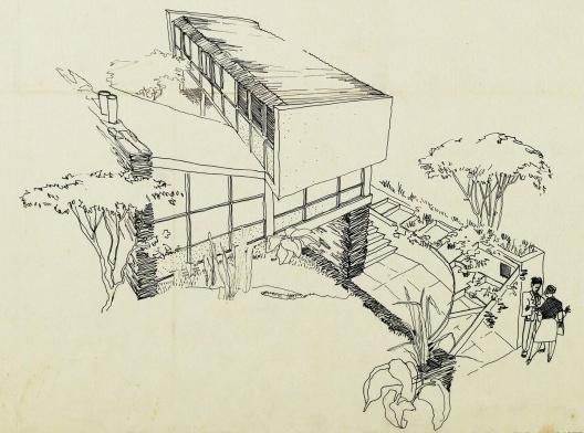 Casa Hanns Vitor Trostli, detalhe da perspectiva do primeiro estudo, São Paulo, 1948. Arquiteto Vilanova Artigas