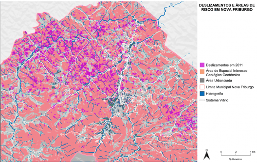Mapa dos deslizamento e áreas de risco em Nova Friburgo