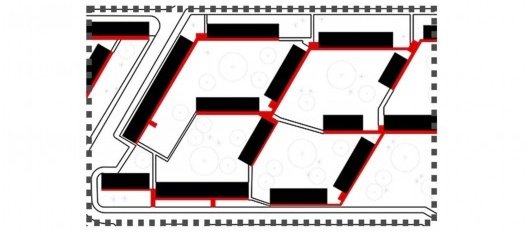 Conjunto José Pedro Varela, implantação da Zona 1 (em vermelho a infraestrutura e em preto a estrutura), Montevidéu, Uruguai, 1971. Instituto de Assistência Técnica Centro de Assistência Técnica e Social
