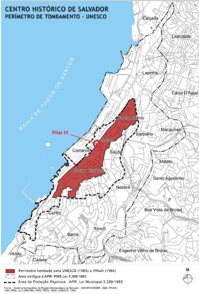 Mapa com a delimitação do Centro Histórico de Salvador, Perímetro Unesco e área contígua