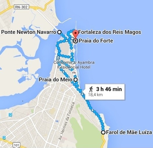 Localização da Praia do Forte em relação à Ponte Newton Navarro, Natal