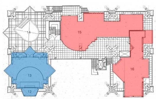 Next 21, planta segundo pavimento, Osaka. Espaços multiuso (azul), habitações (vermelho)
