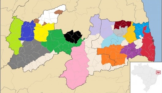 Mapa de Regiões Metropolitanas em projeto no estado da Paraíba (marrom, preto, rosa, amarelo, cinza claro e branco)