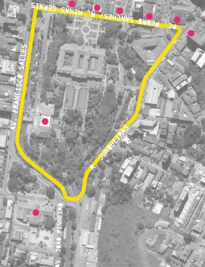 Mapa demonstrando a localização dos cassinos e casas de jogos (pontos em rosa) no entorno imediato do Complexo (em amarelo), até 1946, segundo informações da Divisão de Patrimônio Construído e Tombamento