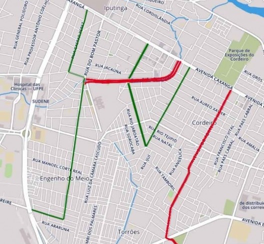 Rede cicloviária implantada na região do Cordeiro e Engenho do Meio com ciclofaixas preexistentes destacadas em vermelho