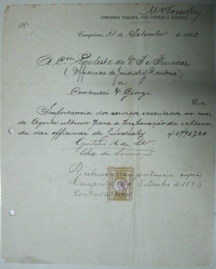Uma das notas fiscais de pagamento aos sócios Contrucci e Giorgi, 1893