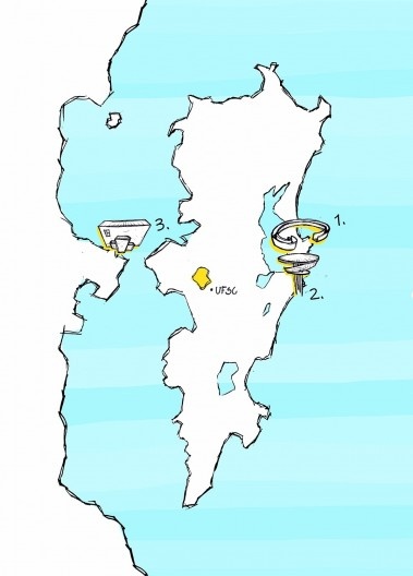 Mapa Esquemático, localizando pelos números 1; 2; 3; respectivamente, as silhuetas dos três projetos selecionados realizados em Florianópolis