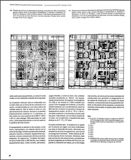 Fotografia da página 88 do livro Diseño Urbano Inclusivo para Santiago Centro: Concurso Inernacional 1972, Santiado do Chile, na qual consta o projeto desenvolvido pela equipe de Munizaga