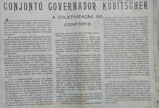 Conjunto JK, texto de apresentação do álbum de divulgação, Belo Horizonte MG Brasil, 1951. Arquiteto Oscar Niemeyer