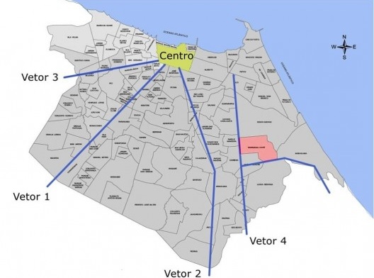 Planta de Fortaleza com seus vetores de expansão urbana a partir do centro. O bairro Sapiranga aparece em destaque junto ao vetor 4.