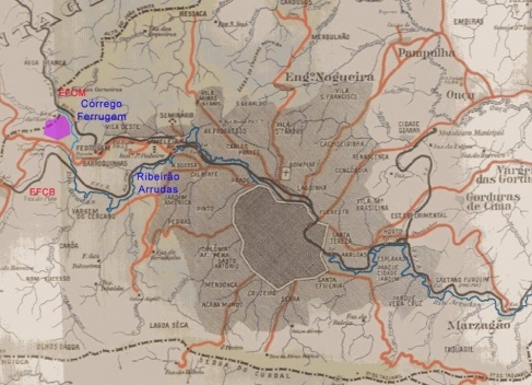 Detalhe de mapa do município de Belo Horizonte do ano de 1937. Em magenta, indicação de área do hexágono do futuro distrito industrial