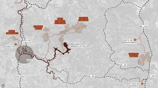 Identificação das manchas de extração das 5 minas estudadas, Brumadinho MG. Arquitetos Lucas de Sousa, Mariana Alves Barbosa, Pedro Machado Meneghel, Renata Semin e Vitória Paulino