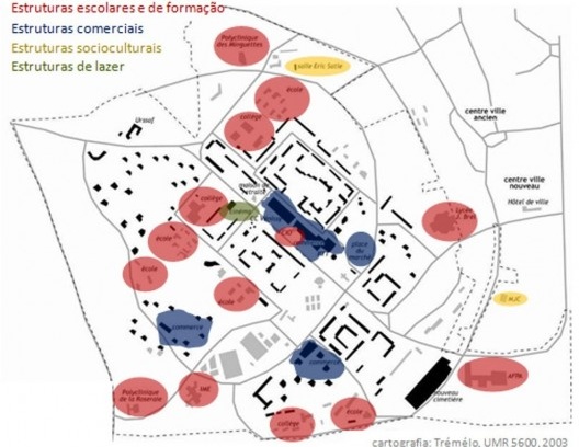 Localização dos equipamentos urbanos no conjunto Les Minguettes