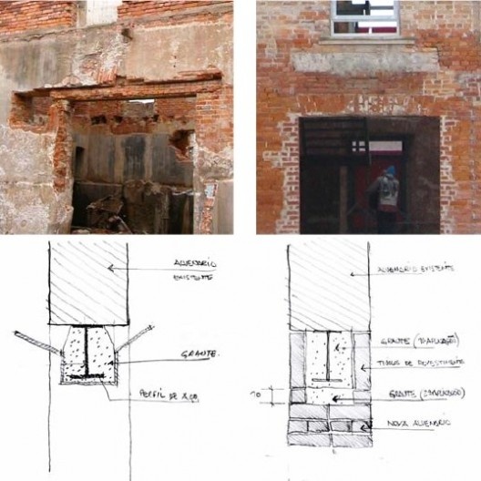 Procedimento de recomposição do vão central do prédio com reutilização de tijolos