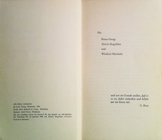 Páginas com ficha técnica, agradecimento e epígrafe do livro “Brasilianische Intelligenz”, de Max Bense, 1965