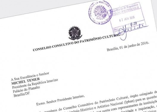 Cabeçalho com carimbo de protocolo da carta aberta pública enviada pelo Conselho Consultivo de Patrimônio ao Presidente da República Interino Michel Temer