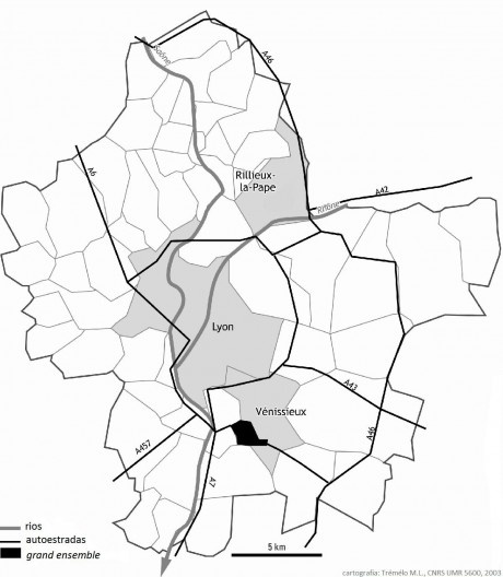 Localização de Vénissieux e do grand ensemble Les Minguettes