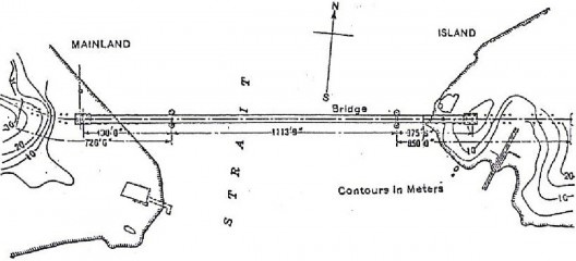 Planta baixa da localização da ponte na cabeceira continental e insular, apresentado no projeto inicial por Steinman