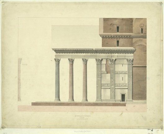 Pantheon, Roma, elevação lateral do pórtico e perfil de uma pilastra. Henri Labrouste, 1825-1830