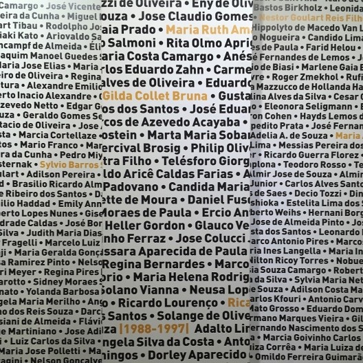 Exposição FAU 70 anos, trecho do painel com nomes de professores e funcionários da escola ao longo dos anos