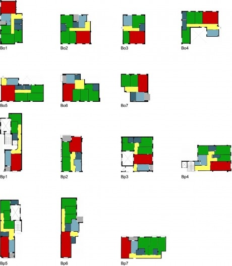 Tabela resumo de esquemas de configuração dos espaços dos alojamentos. Em cima, com referências iniciadas por “Bo”, habitações de interesse social; em baixo, com referências iniciadas por “Bp”, habitações do mercado livre
