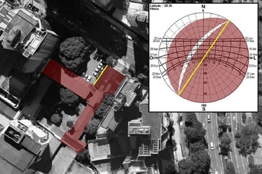 Fotografia aérea do antigo Jardim de Infância Maria Queiroz Lindemberg, fachada noroeste e carta solar