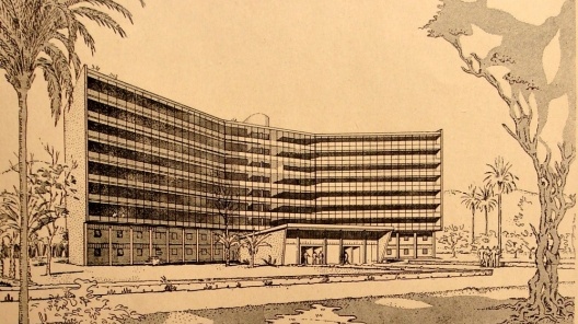Esboço da perspectiva do bloco de edifícios dormitórios para solteiros, compostos de nove pavimentos. Observar detalhe da marquise de acesso