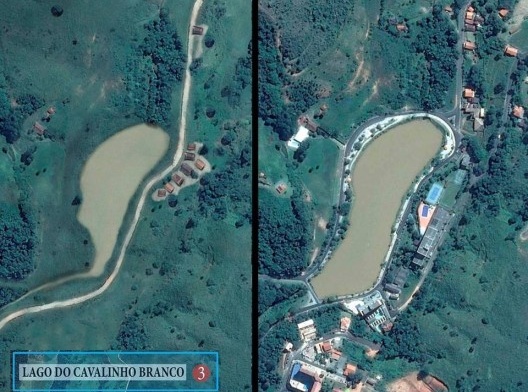 Imagem aérea aproximada para comparação da represa em meados de 1950 à esquerda e no período atual à direita