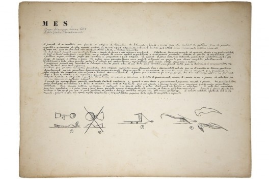 Prancha 1 – Auditório para o edifício do Ministério da Educação e Saúde, texto e croquis explicativos, Rio de Janeiro, 1948. Arquiteto Oscar Niemeyer