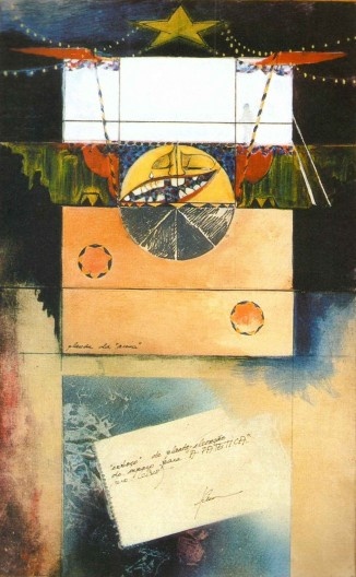 Projeto para cenário de Patética. Natureza: Pintura. Técnica: Acrílico s/ tela. Dimensão: 80x50 cm. Data: 1980. Coleção: Celso Nunes. Dados da peça: Autor: João Ribeiro Chaves Neto. Direção Celso Nunes. Produção 7CN Produções Artísticas, 1980