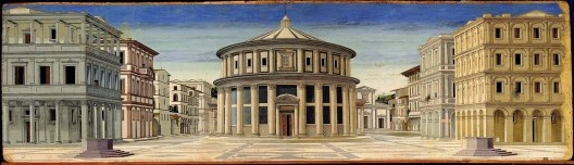 Cidade ideal, pintura atribuída Piero della Francesca (1420–1492) ou Francesco di Giorgio (1439–1501), têmpera sobre painel, c.1470