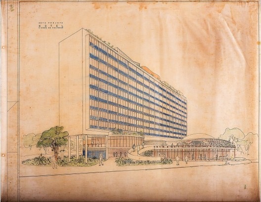 Perspectiva da versão definitiva do projeto de Diógenes Rebouças e Paulo Antunes Ribeiro para o Hotel da Bahia