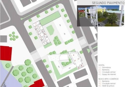 Planta baixa do segundo pavimento. Foto em destaque da sacada das salas de oficinas.