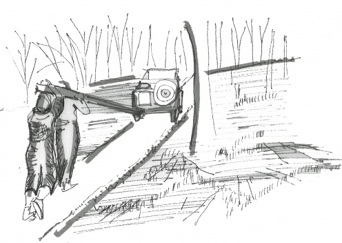 Amigos y familia en el transporte de las piezas para la construcción de la casa